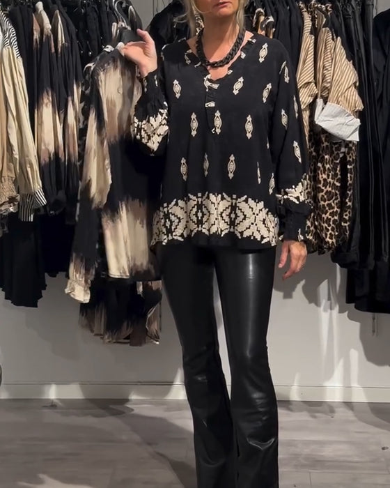 V-neck lantern sleeve printed shirt