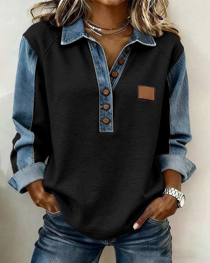 Stylish Denim Patchwork Long-Sleeved Sweatshirt
