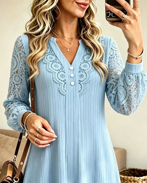 Lace Long Sleeve V-Neck A-Line Dress