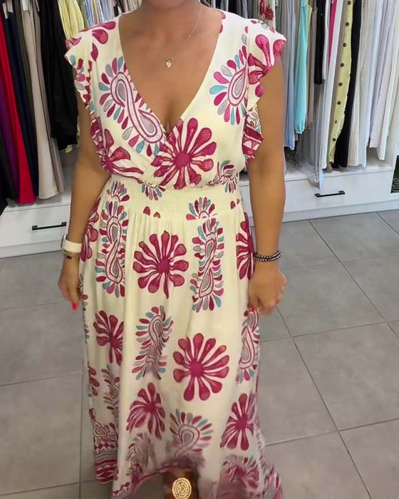 Floral Waist-Cinch Flutter-Sleeve Vacation Maxi Dress