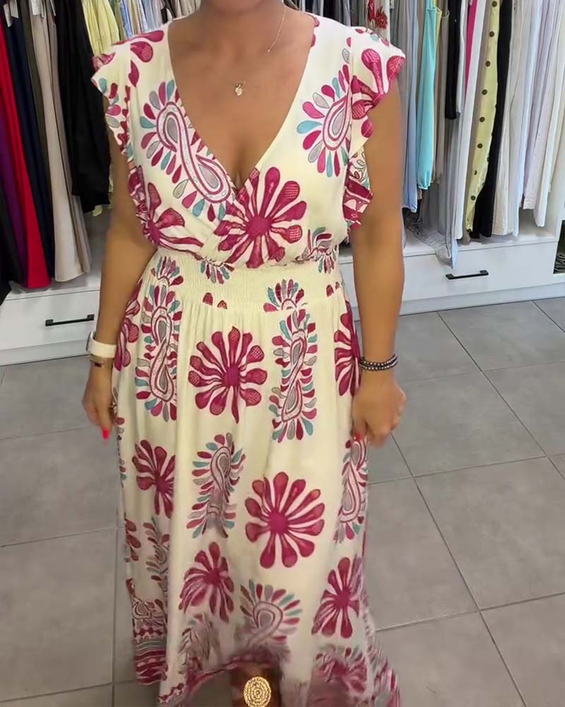 Floral Waist-Cinch Flutter-Sleeve Vacation Maxi Dress