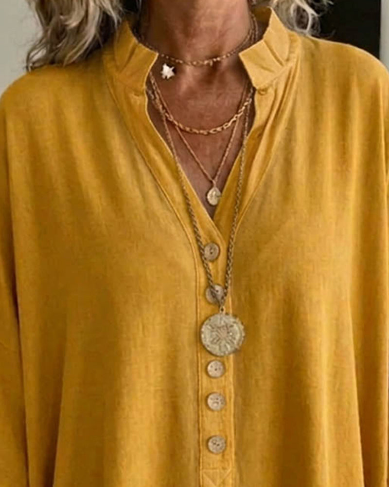 Solid-Color V-Neck Batwing Blouse