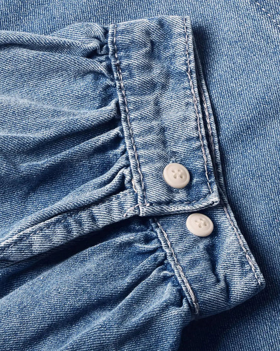 Snap Button Denim Lantern Sleeve Loose Shirt