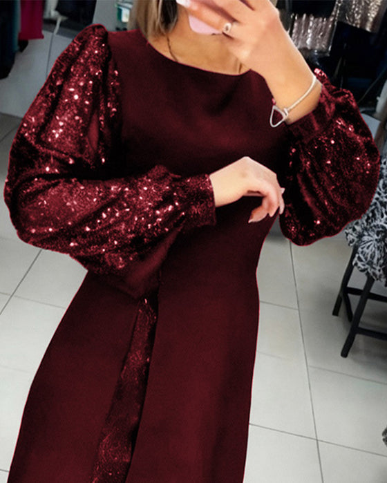 Puff-Sleeved Elegant Patchwork Dress