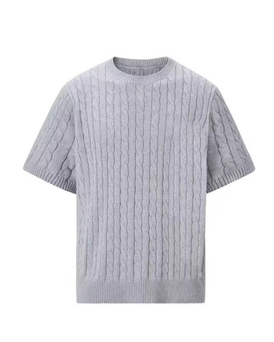 Top Men's Plain Cable Knit Crew Neck, Slim Casual Spring Summer Knitwear