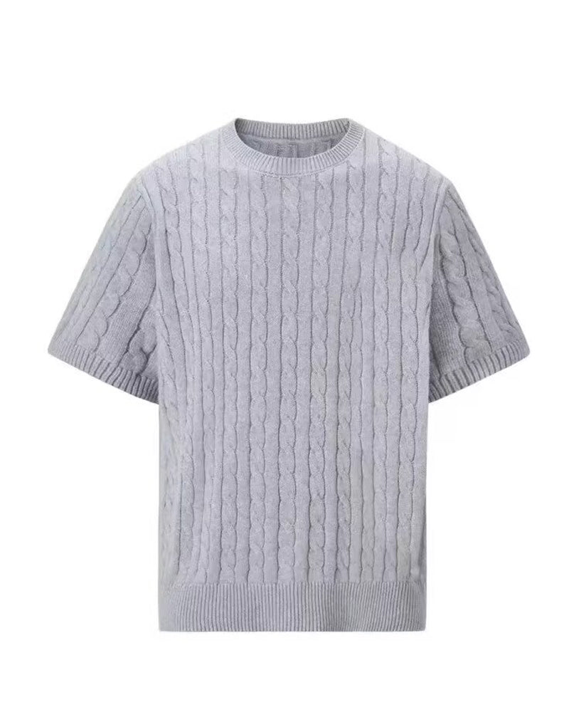 Top Men's Plain Cable Knit Crew Neck, Slim Casual Spring Summer Knitwear