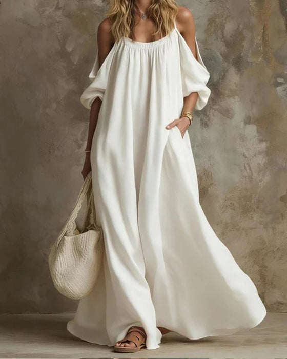 Strappy Off-Shoulder Full Skirt Solid Pocket Dress