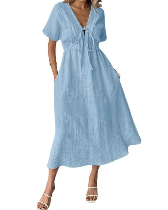 V-Neck Tie Waist Cinched Solid A-Line Dress