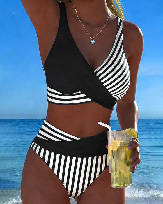 Crisscross Striped Print Bikini