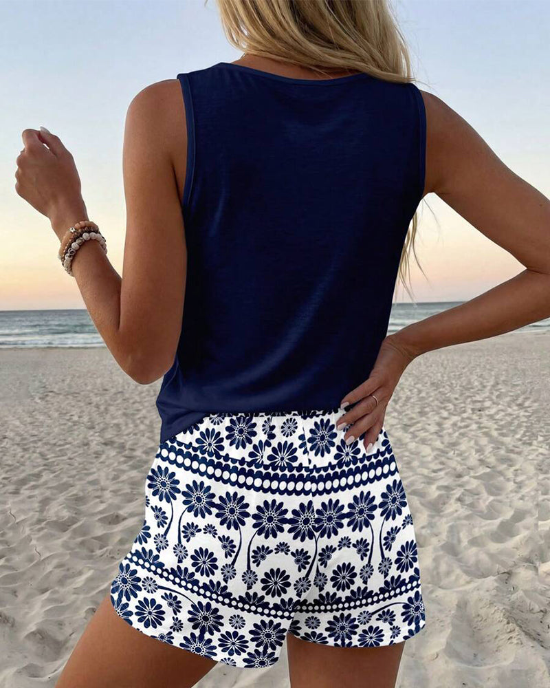 Solid Color Vest and Printed Shorts Set