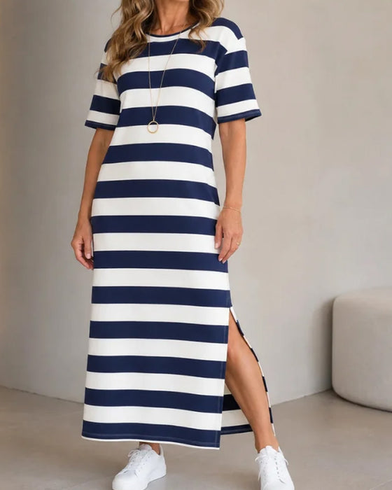 Striped Short Sleeve Slit Long T-Shirt Dress