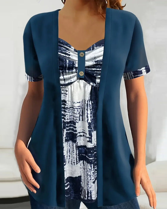 Printed Fake Two Piece Irregular Blouse