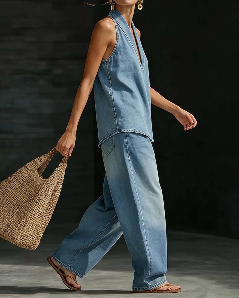 Fashion Halter Neck Denim Set