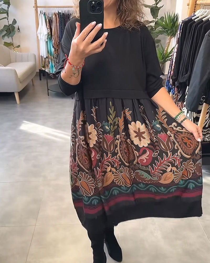 Floral Crew Neck Patchwork Flared Dress