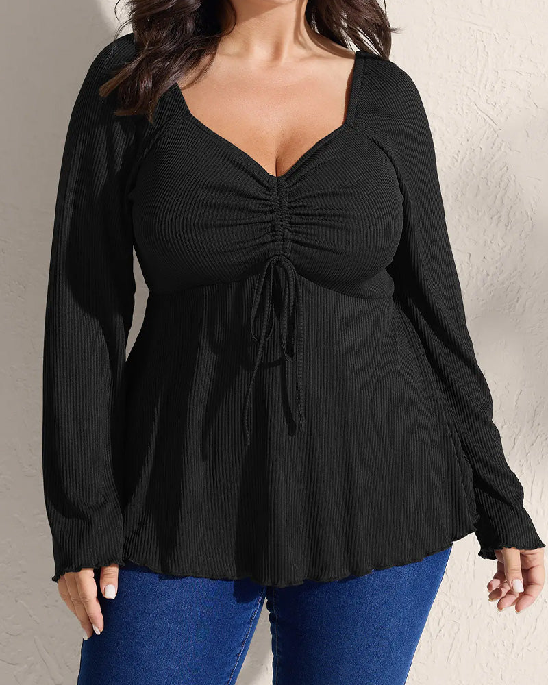 Drawstring Shirred Long Sleeve Top