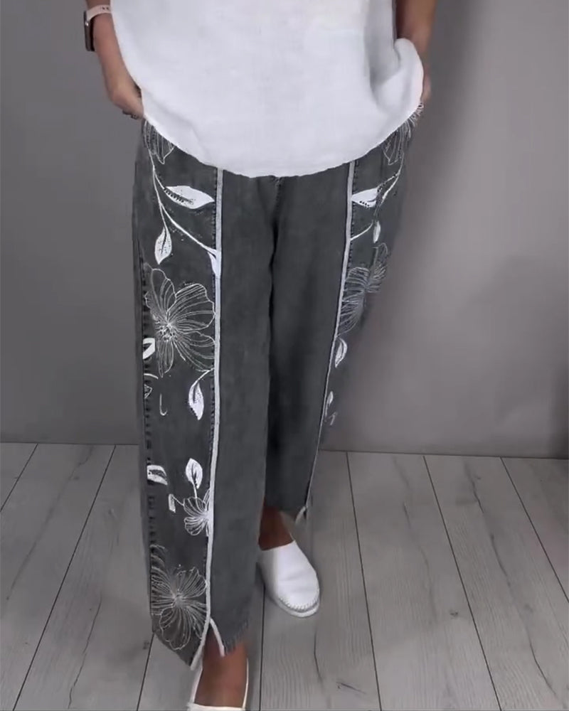 Floral Print Distressed Jeans