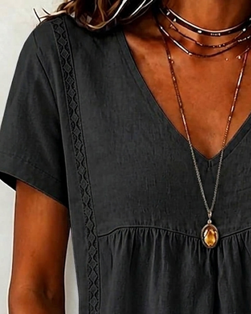 V-Neck Shirred Short Sleeve Blouse
