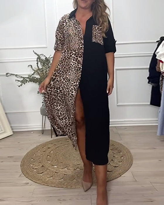 Lapel leopard print dress