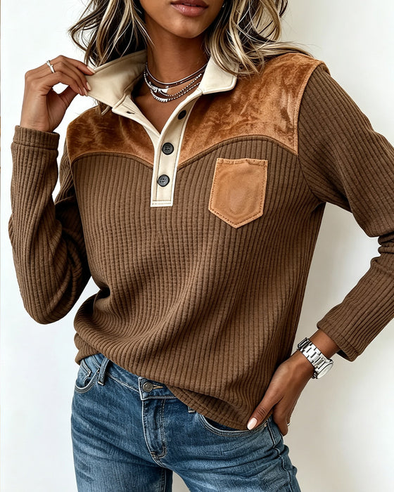 Shirt Collar Waffle Patchwork Sweatshirt