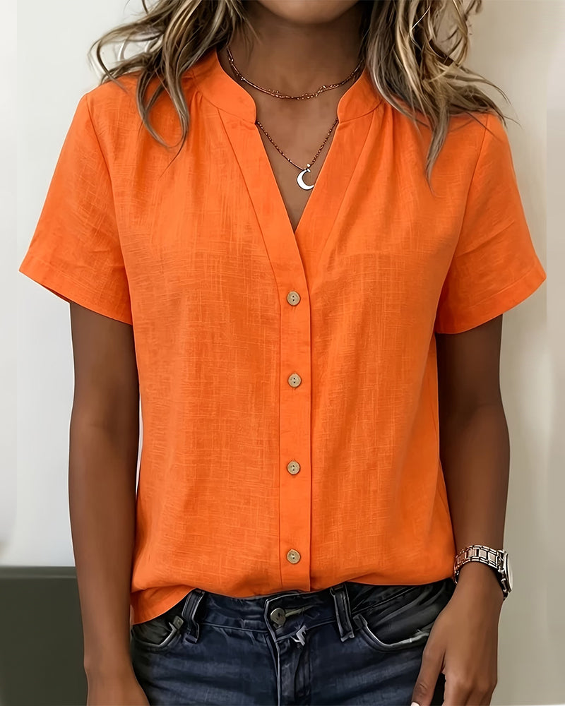 Stand Collar Button-Up Short Sleeve Blouse
