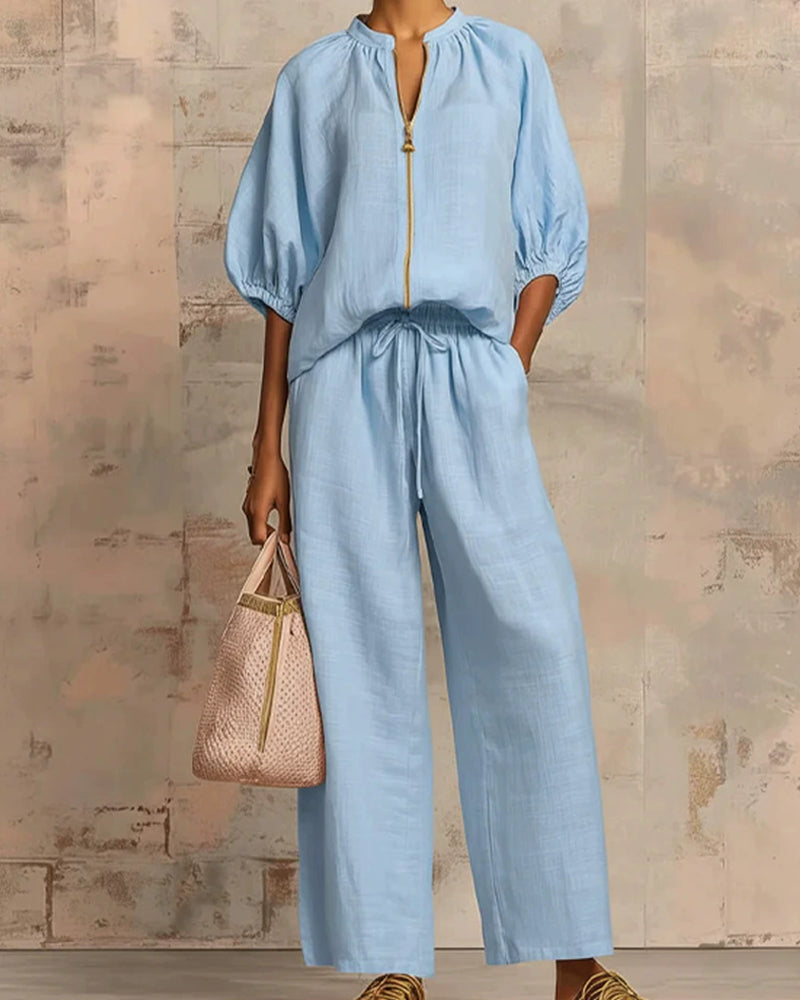 Zipper Crewneck Top Wide Leg Pants Two-Piece Sets
