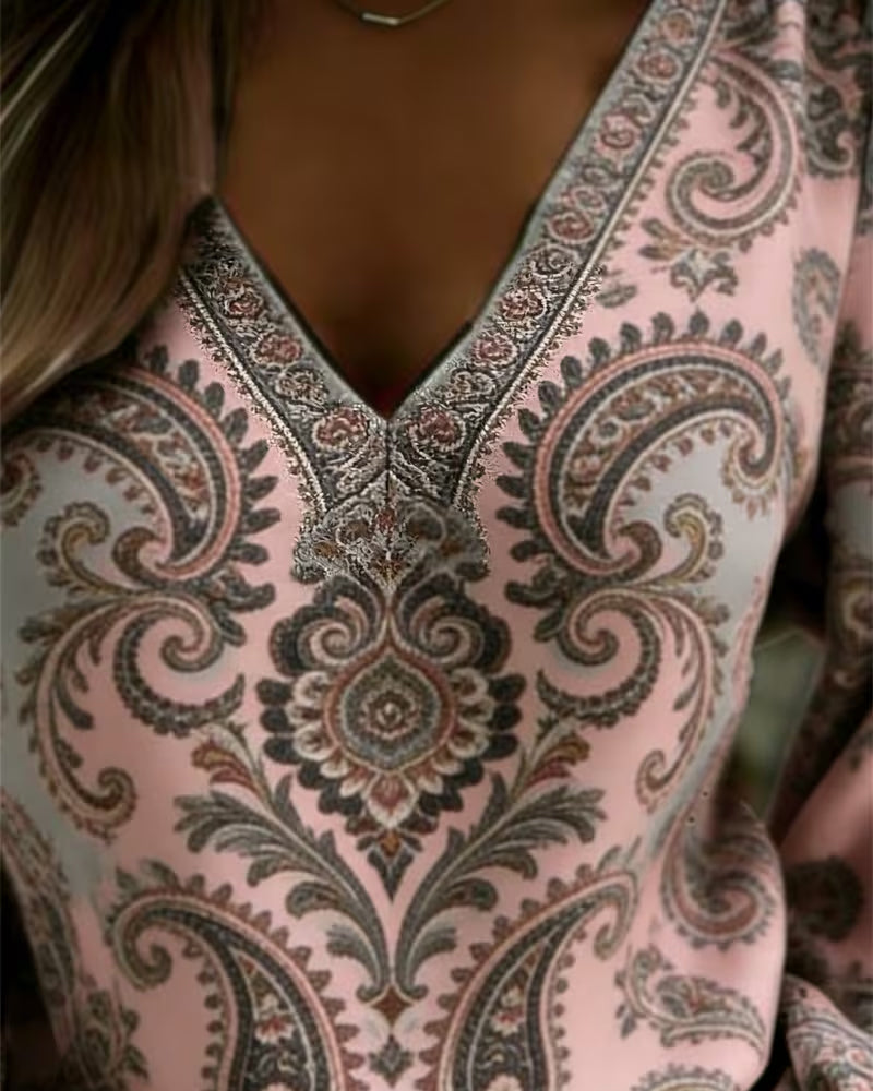 Paisley Pattern V-Neck Lantern Sleeve Blouse