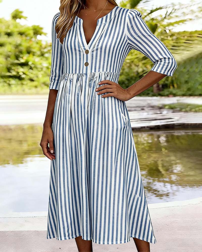 Blue And White Striped Three-Quarter Sleeve Dress