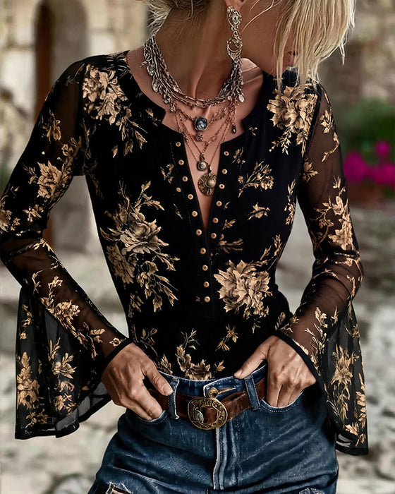 V-Neck Button Front Floral Bell Sleeve Blouse