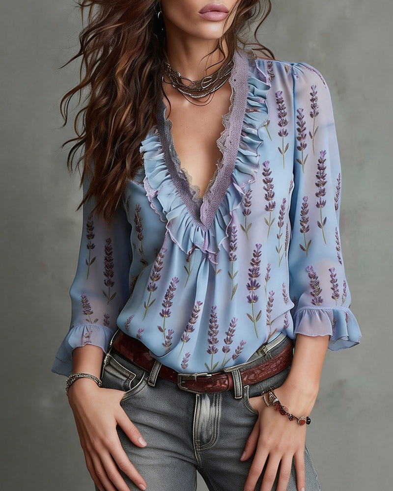 Lotus Leaf V-Neck Elegant Blouse