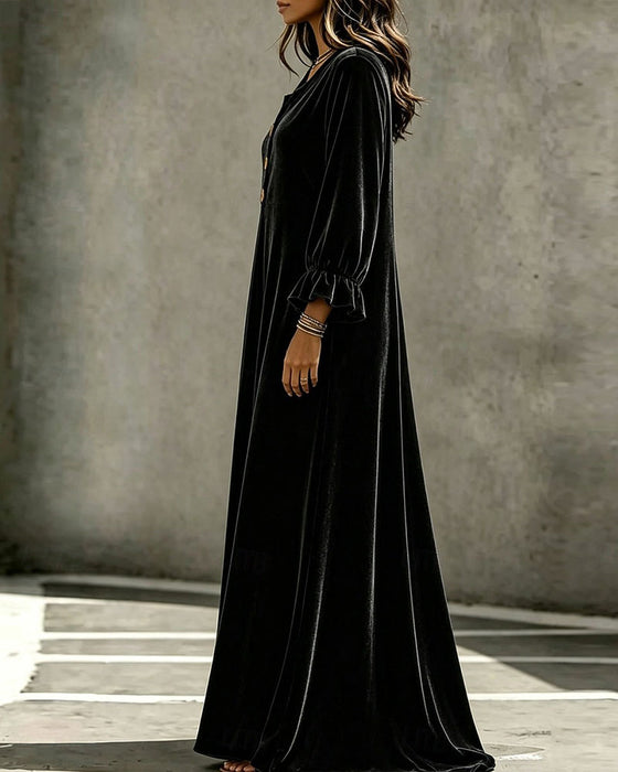 V-Neck Ruffle Trim Long Sleeve Velvet Dress