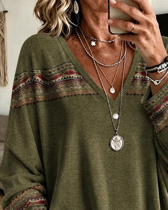 V-Neck Printed Contrasting Long-Sleeved Loose Top