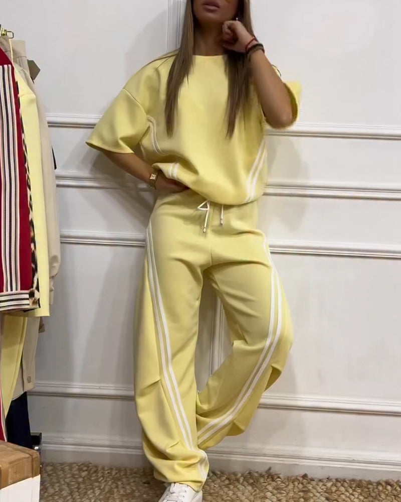 Athletic Stripe Trim Casual Two-Piece Set