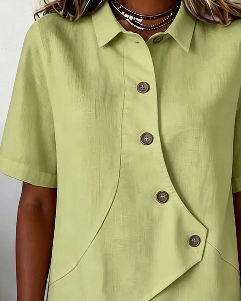 Asymmetrical Cotton Linen Placket Button-Down Shirt