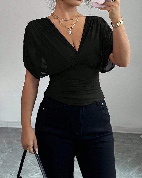 Solid Color Deep V-Nee Waist Short Sleeve Blouse