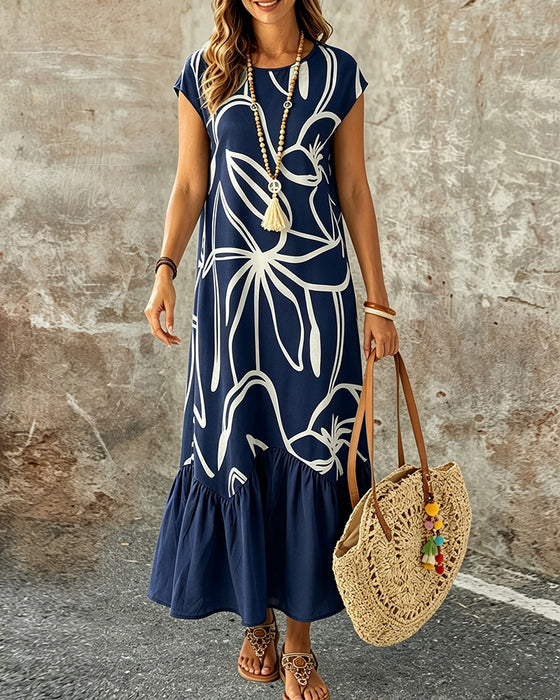Crew Neck Geometric Print A-Line Dress
