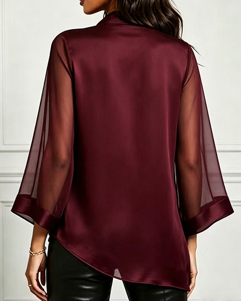 Mock Neck Irregular Solid Sheer Blouse