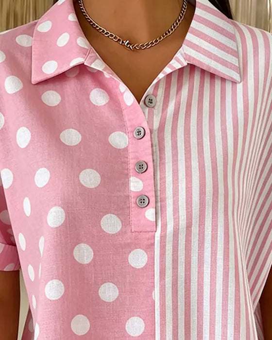 Lapel Polka Dot Stripe Blouse