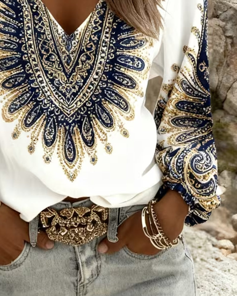 V-Neck Retro Print Top