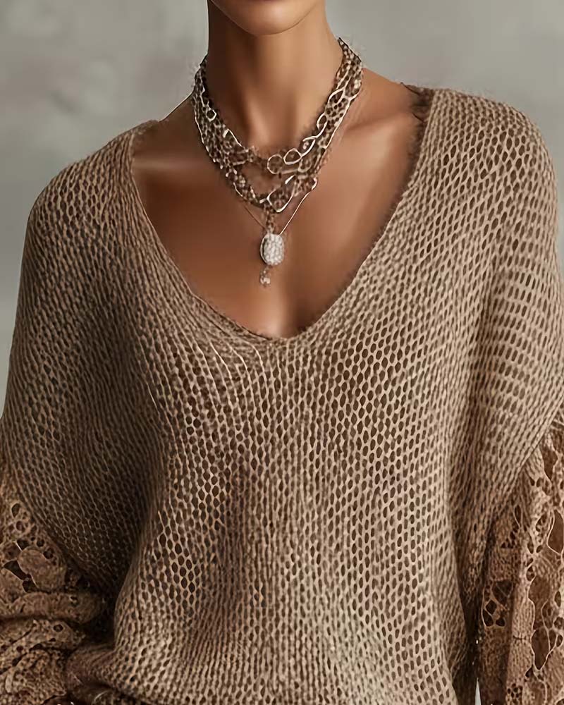 Lace Cut-Out Patchwork Lantern Sleeve Pullover