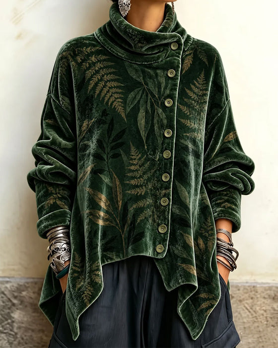 Turtleneck Button Leaf Print Top