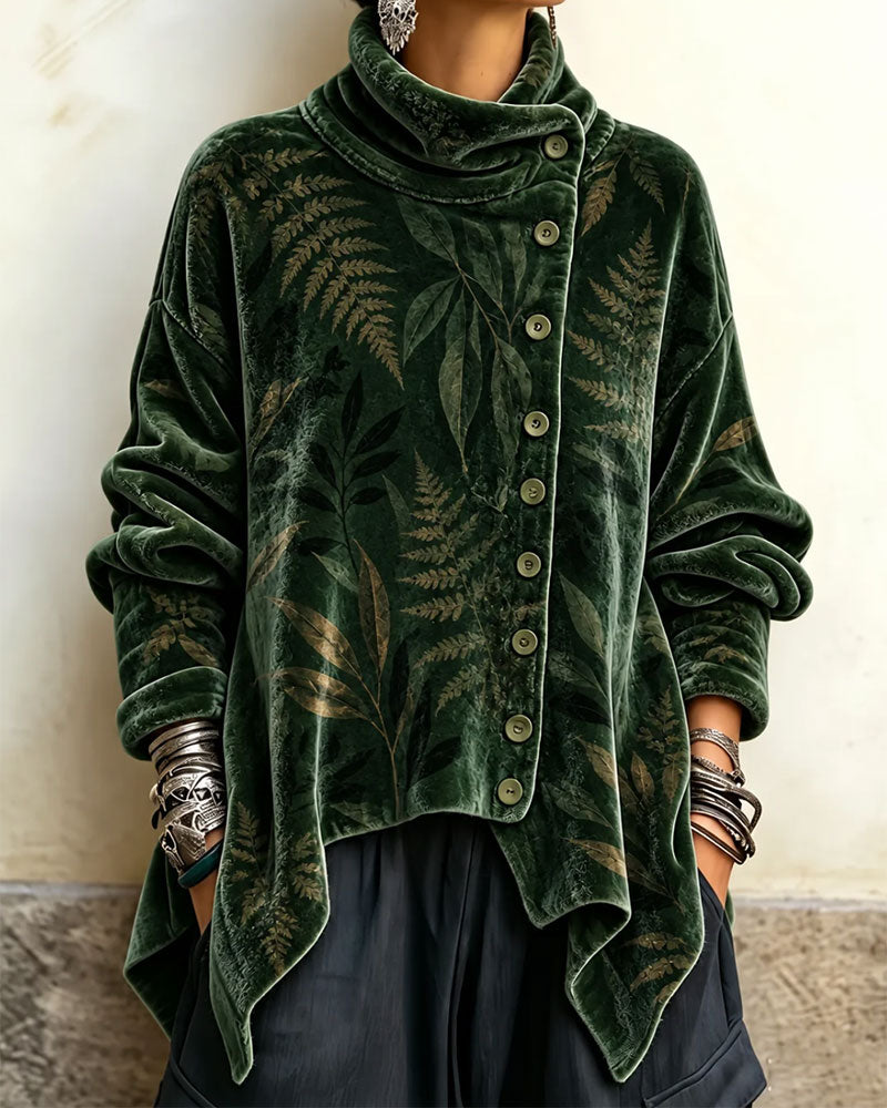 Turtleneck Button Leaf Print Top