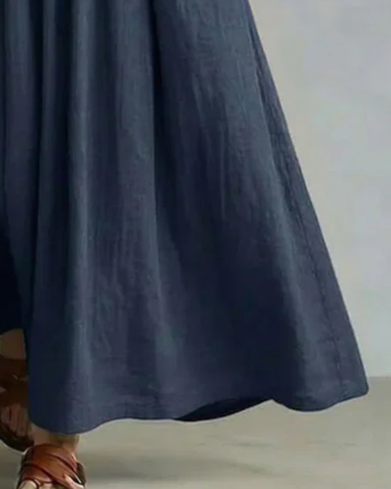 Pleated V-Neck Half Placket A-Line Long Dress