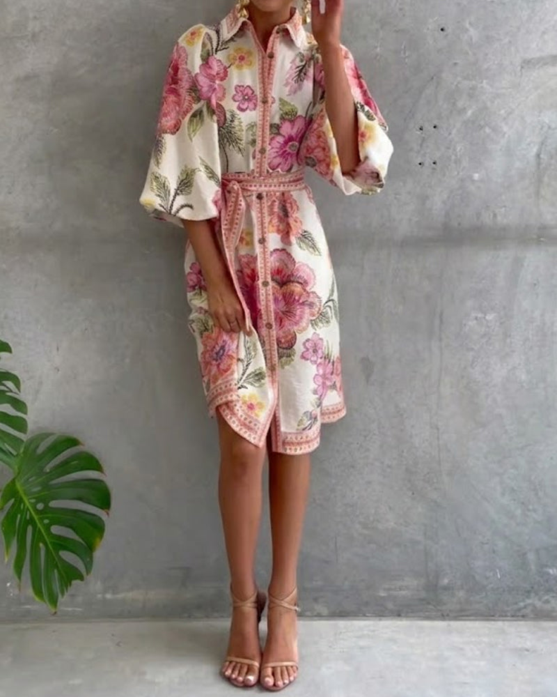 French Lantern Sleeve Notched Collar Printed Dress