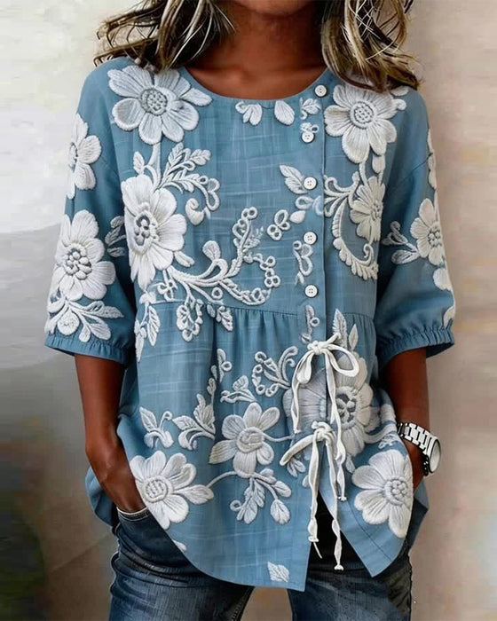 Floral Lace-Up Half-Placket Blouse
