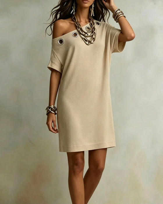 Solid Color One Shoulder Ring T-Shirt Dress