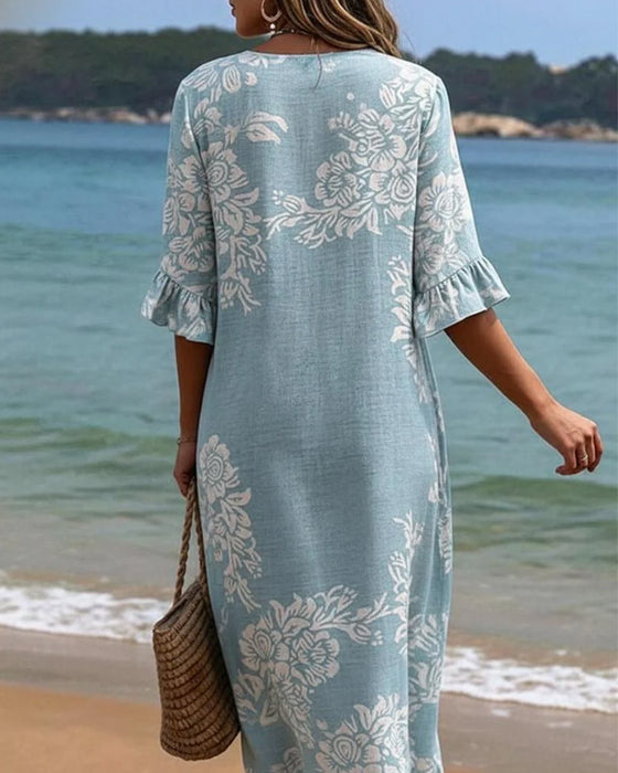 Floral Print Three-Button Long Dresses