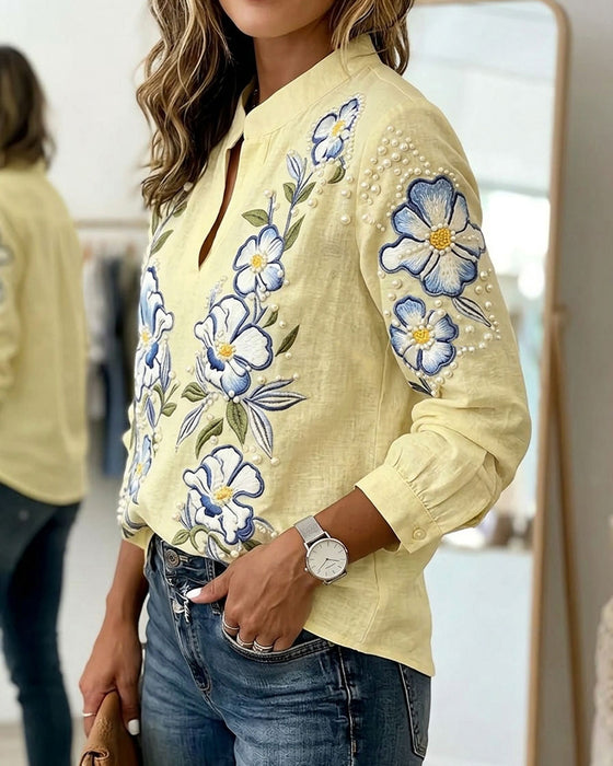 Mandarin Collar Long Sleeve Printed Blouse