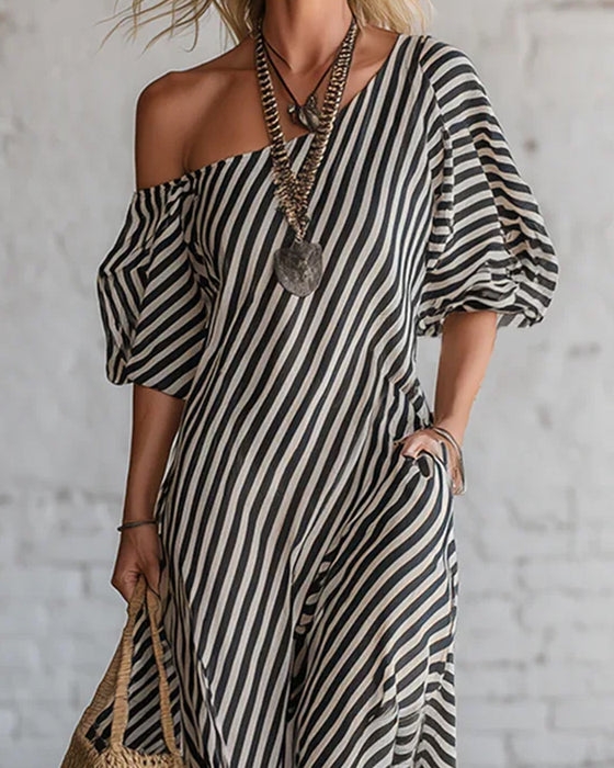 Off-The-Shoulder Striped Long Dress