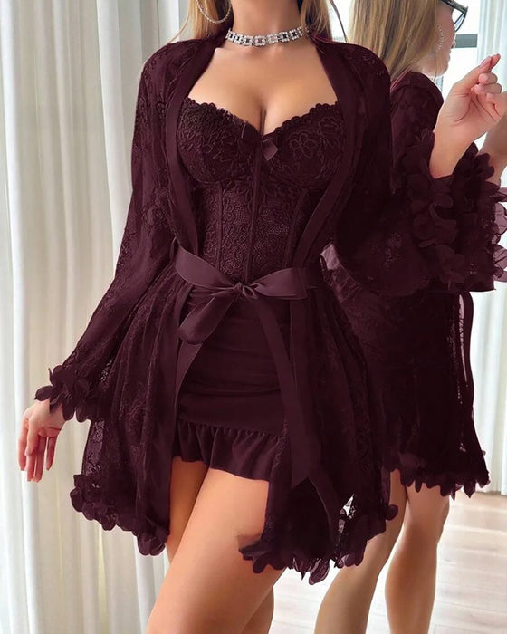 Lace Cover-Up Spaghetti Strap Lace Trim Pajama Dress