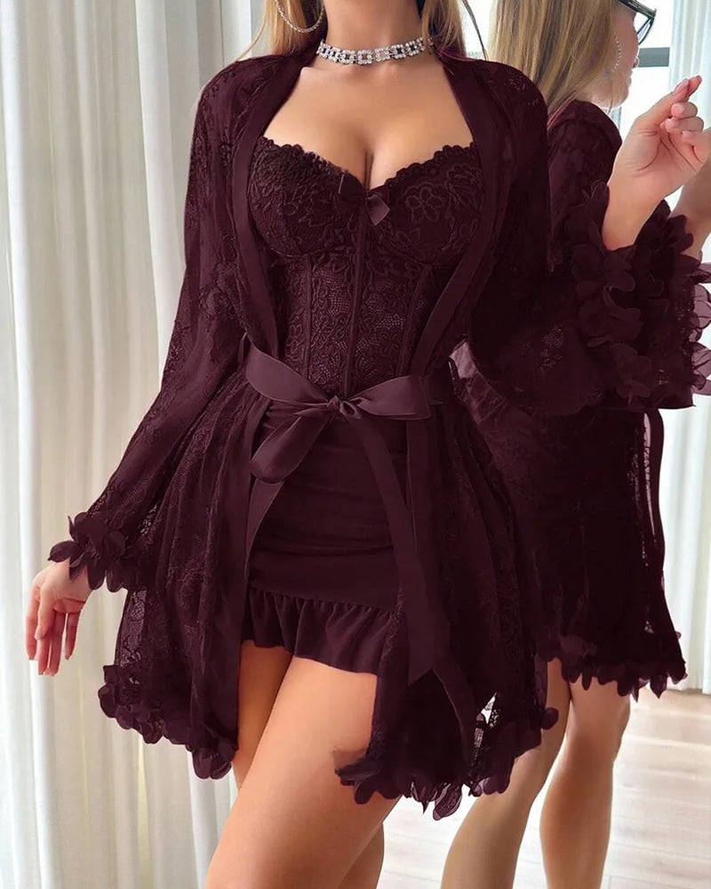 Lace Cover-Up Spaghetti Strap Lace Trim Pajama Dress
